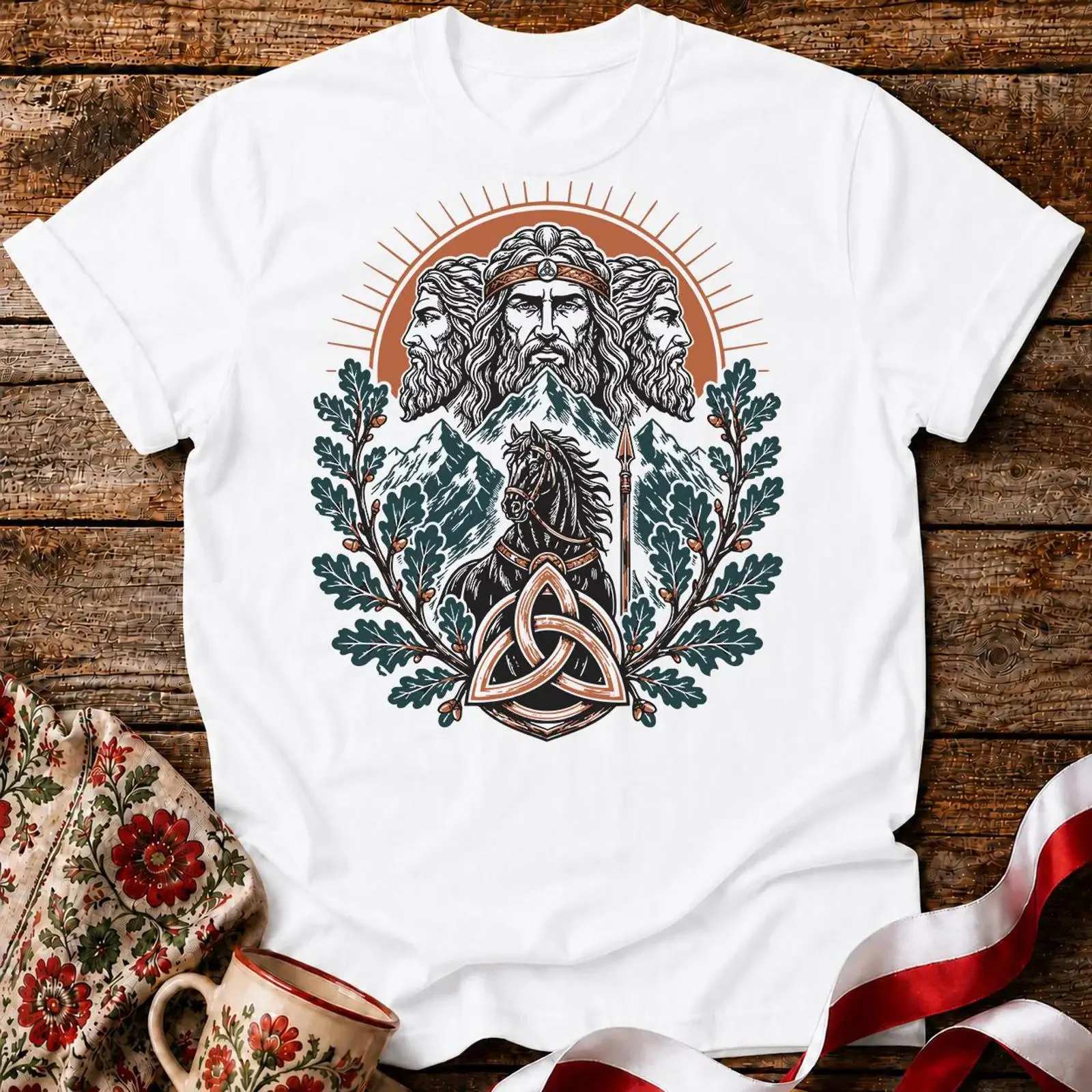 Triglav T Shirt Slavic God Triquetra Knot Mountain Sun Pagan Mythology Oak Leaf  vintage Washed Comfortable Slightly Soft