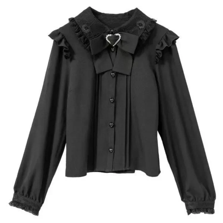 Harajuku Simple Lapel Neck Lace Shirts Women 2024 Autumn New Bow Long Sleeve Blouses Y2k Grunge Lolita  Blusas Mujer