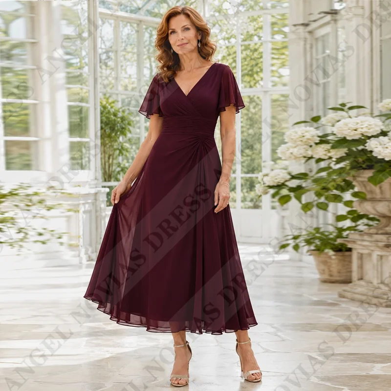 Customized Tea Length Burgundy Mother of the Bride Dresses V Neck Wedding Party Dress robe de soirée mariage