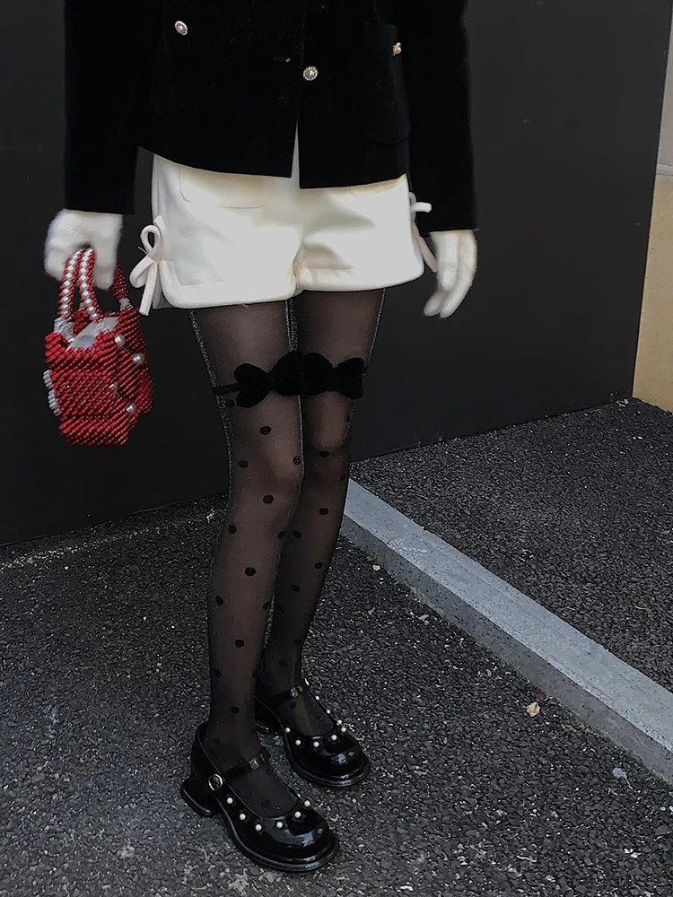 Design Pearlescent Polka Dot Black Stockings Girl Bow All-Match Bare-Leg Socks