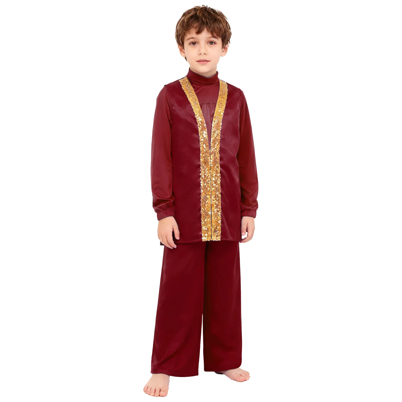 Trajes de adoración litúrgica para baile de alabanza para chico, conjunto lírico para niños, Top de satén con cremallera de manga larga, bata y pantalones divididos en los lados sin mangas