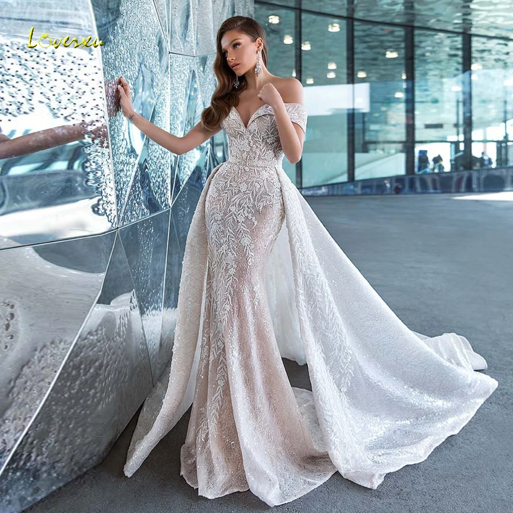 

Loverxu Mermaid Sexy Wedding Dresses Sweetheart Off The Shoulder Vestido De Novia Lace Detachable Train Custom Made Bridal Gown