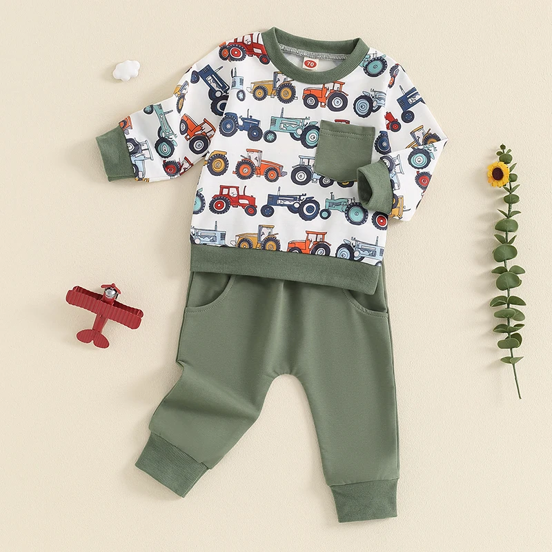 2024-05-17 Lioraitiin Baby Boys Set, Long Sleeve Crew Neck Tractor Print Sweatshirt with Elastic Waist Sweatpants Infant Clothes