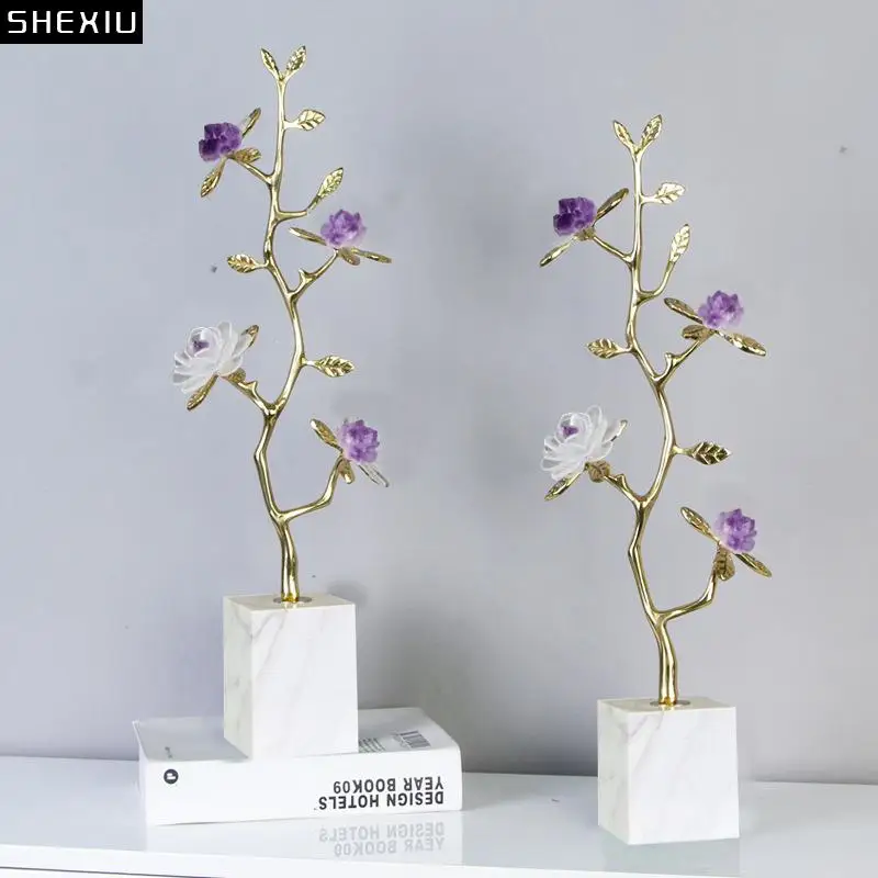 

Gold-plated Brass Branch Crystal Flower Crafts Ornaments Modern Home Decor Sculpture Living Room Furnishings Desk Decoration