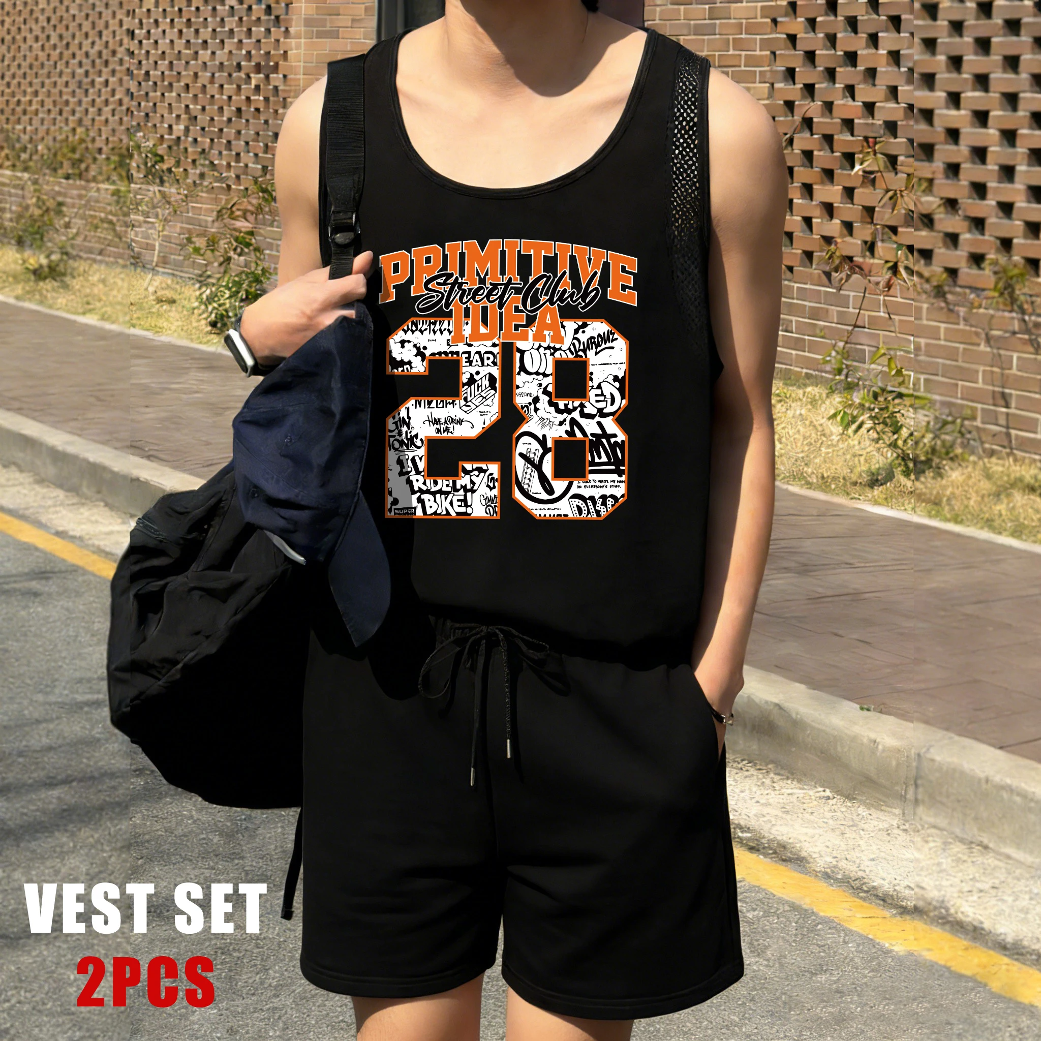 

Primitive Street Club Number 28 Men Reticular Vest Set Soft Sleeveless Tee Fashion Drawstring Shorts Unisex Summer Sportsuit