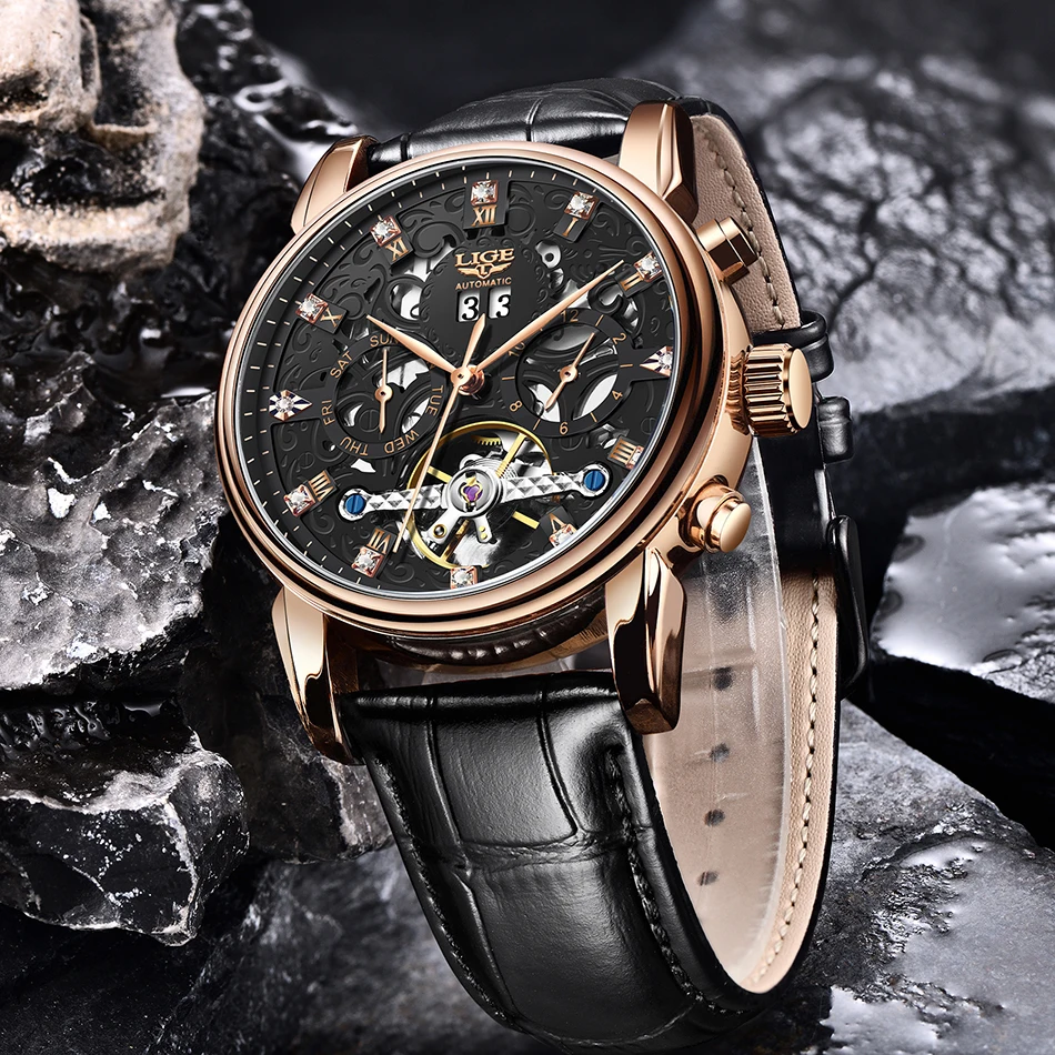 2023 LIGE Business Mens Mechanical Watches Top Brand Luxury Creative Automatic Date Watch For Men Leather Waterproof Wristwatch