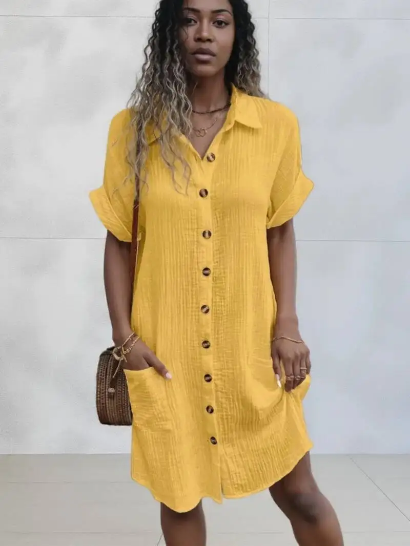 女性のファッションミニマリスト V ネックボタンアップドレスエレガントな女性コットンリネン白半袖ポケットカジュアルルーズシャツ QA3V