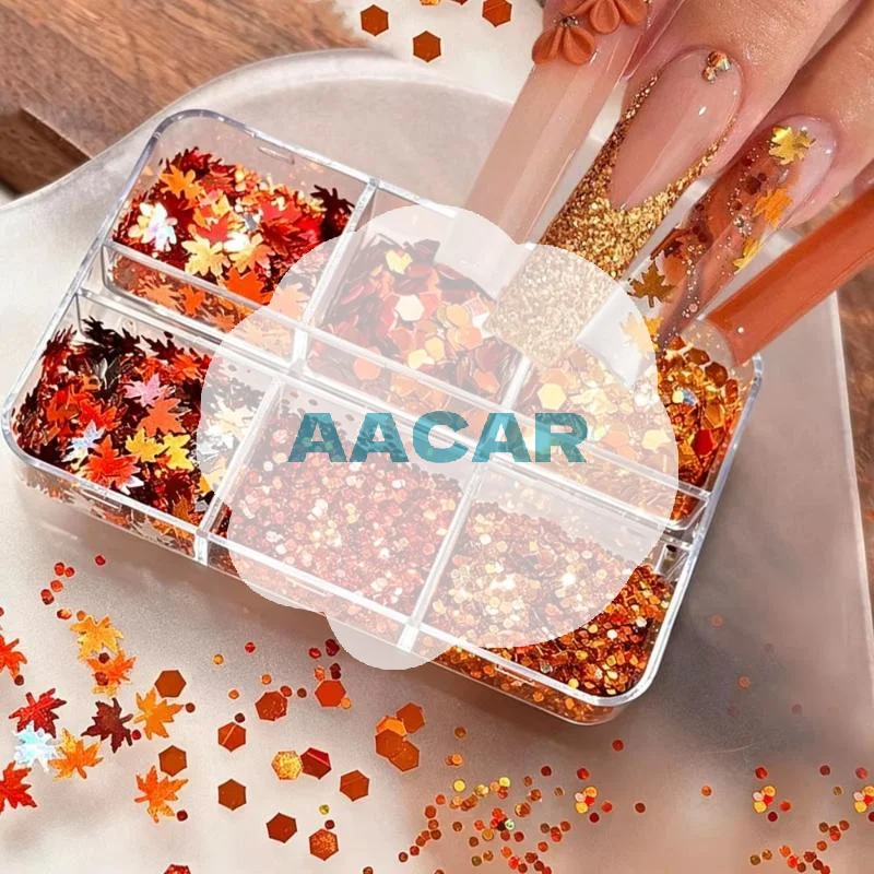 1 Set Shiny Mix Laser Nail Flakes 3D Leaf Nail Decoration 6 Grids Holographic Red Leaves Nail Glitter Sequins