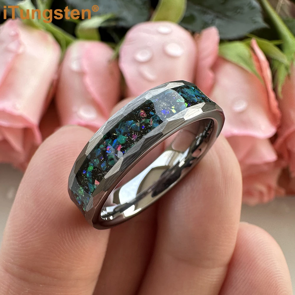 

iTungsten 6mm 8mm Galaxy Series Opal Ring Multi Facet Hammered Tungsten Wedding Band For Men Women Amazing Jewelry Comfort Fit