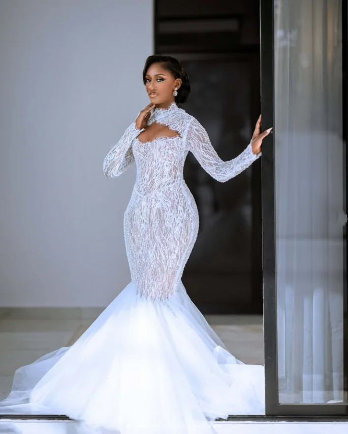 Luxury African Mermaid Bride Wedding Dresses Beaded Long Sleeve Corset Garden Civil Bridal Gown Garment Bespoke Customized