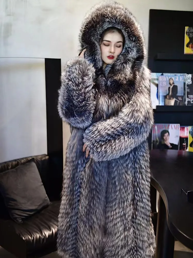 Genuine Silver Fox Fur Coat Women Winter Luxury Female Natural Silver Fox Fur Jacket Long Sleeve Real Silver Fox Fur Coat With H