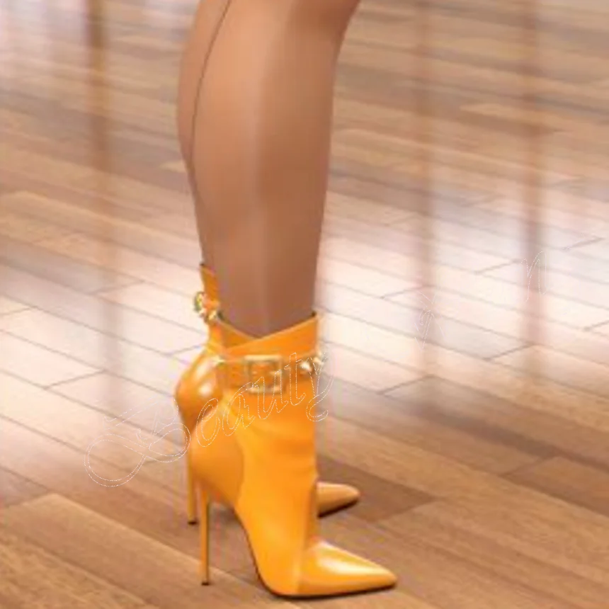 Yellow Belt Decor Boots Stone Print Rivet Decor Thin Heel High Shoes for Women Solid Shoes on Heels 2023 New Zapatos Para Mujere