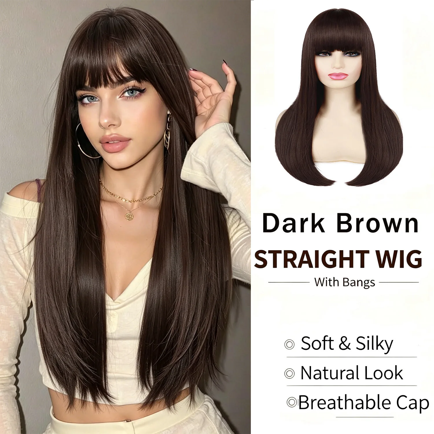 Natural Looking Long Straight Synthetic Wig with Heat-Resistant Fibers Full Head Cover Smooth Wigs for Women