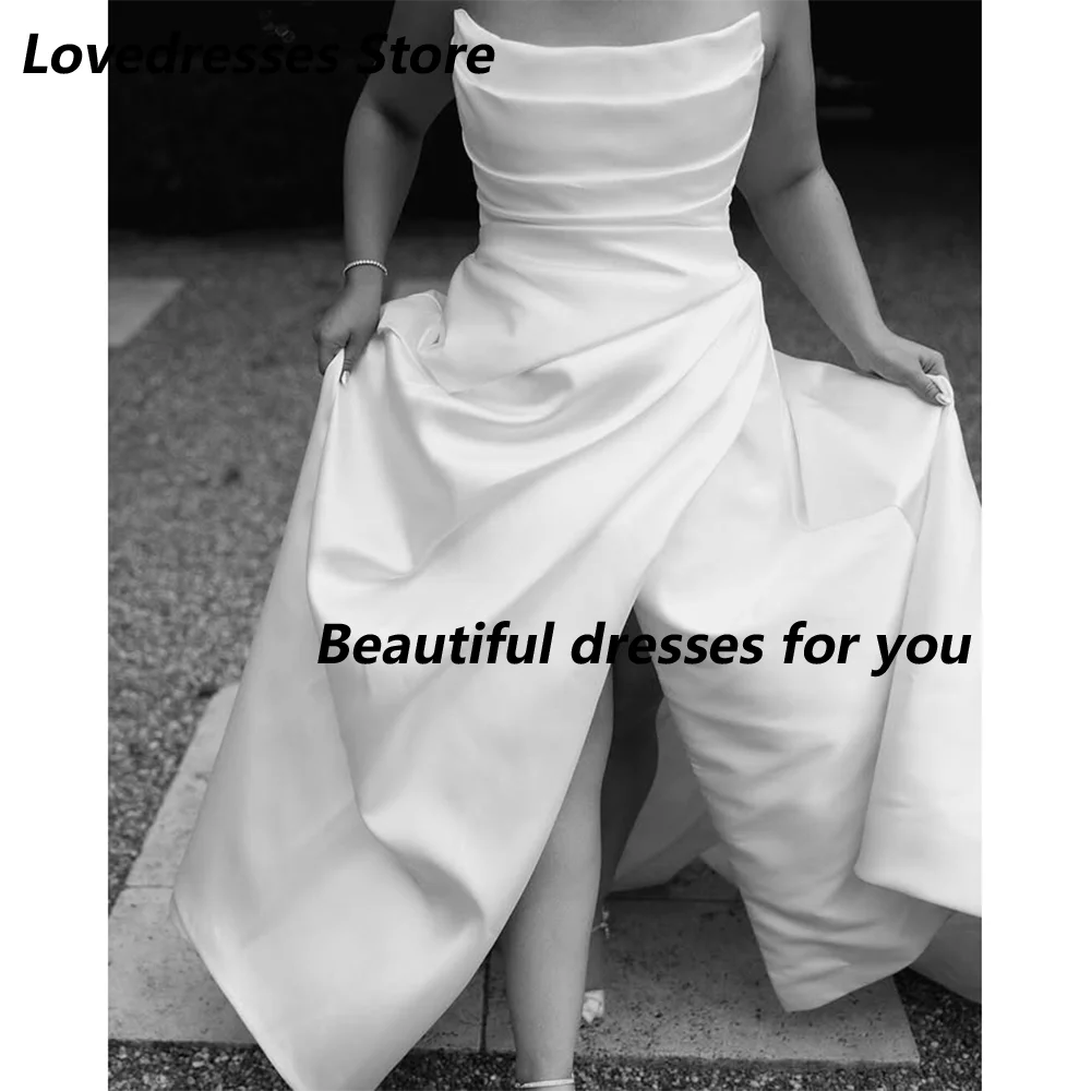 White Satin Wedding Dress Strapless Ruched Bodice High Slit Floor Length Bridal Gown Elegant Garden Wedding Dress Customized
