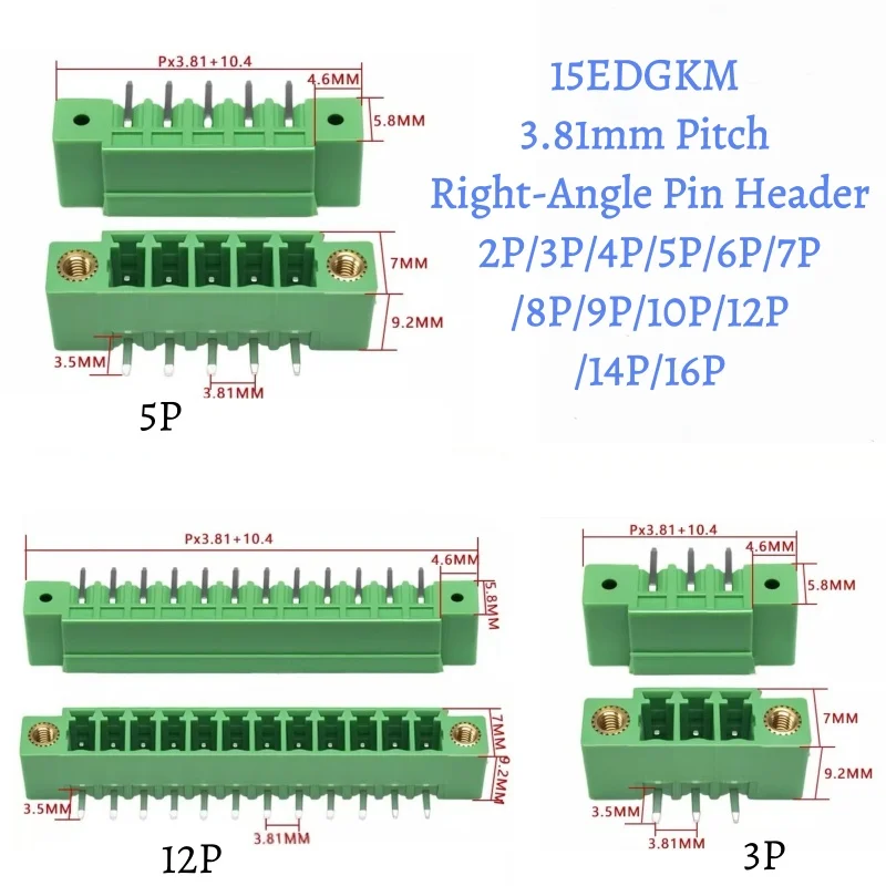 5pcs 15EDGKM 3.81mm Pitch Plug Play PCB Terminal Block with Ears Socket Connector Straight/Right‑angle Pin 2/3/4/5/6/7/8/9/10P