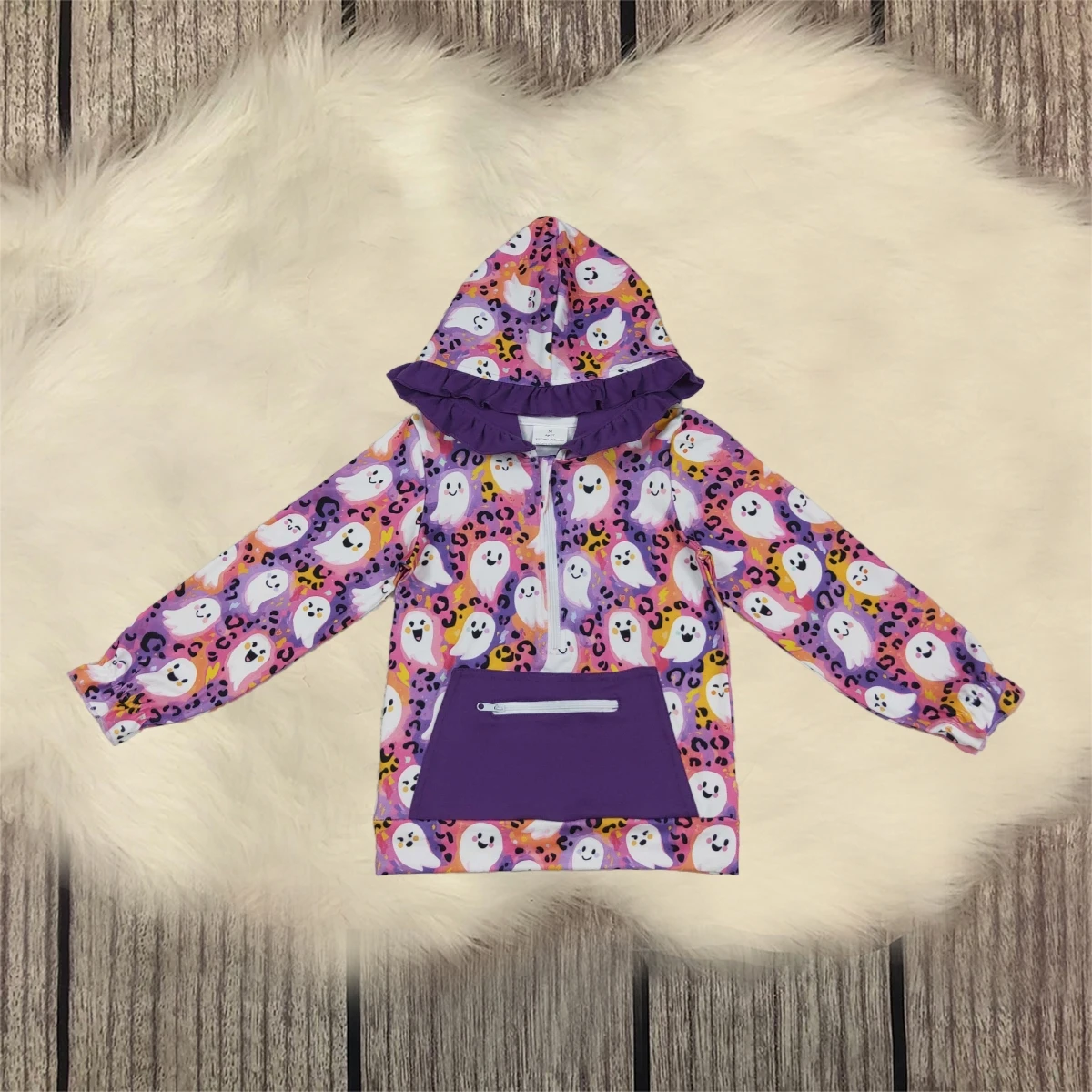 

Kids Girl Purple Pocket Shirt Ghosts Leopard Sweatshirt Children Hoodie Halloween Clothing Toddler Long Sleeves Tops Wholesale
