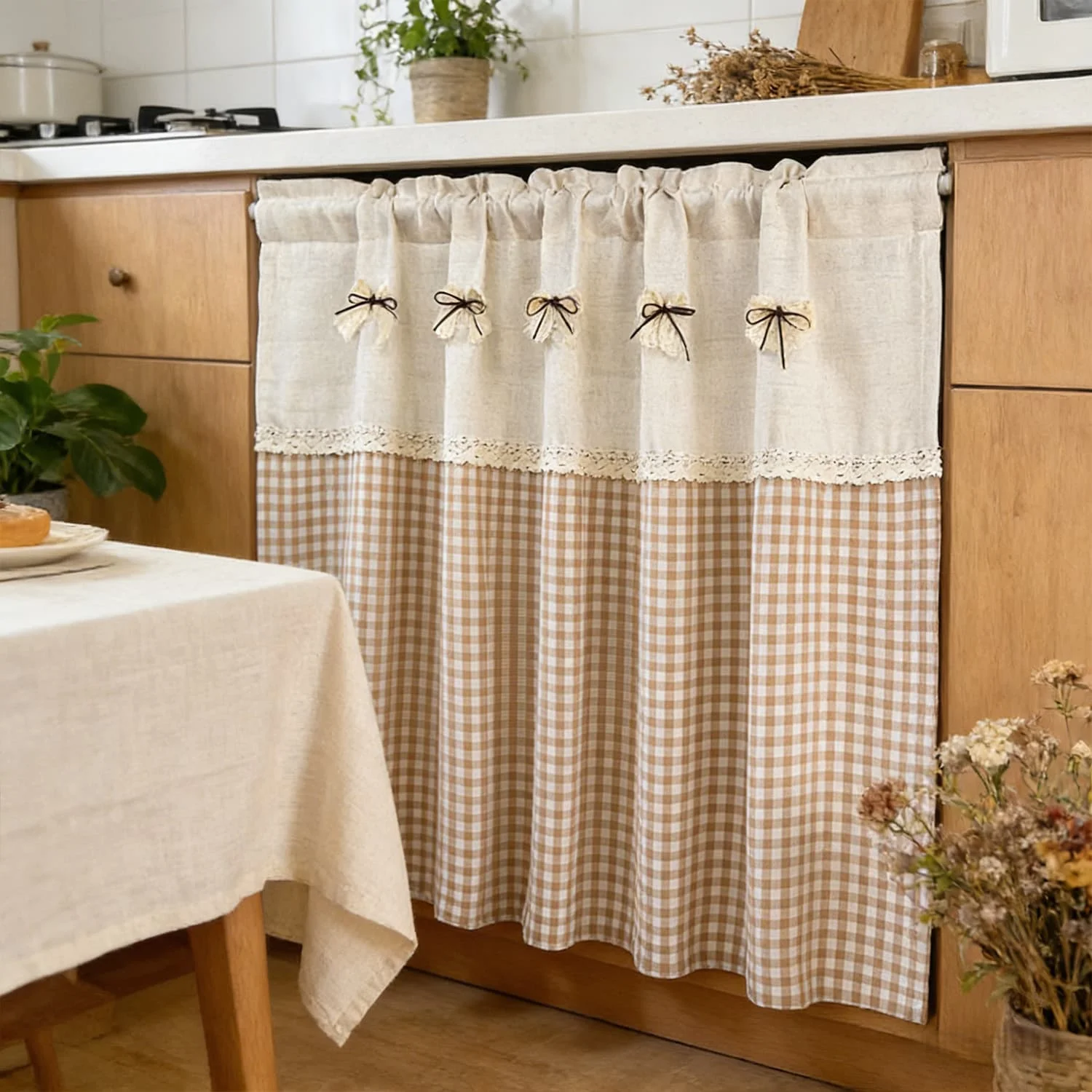 Rustic Linen Blend Checkered Curtain, Lace Edge Bow Decor Short Valance Light Filtering for Kitchen Cabinet Window Decor