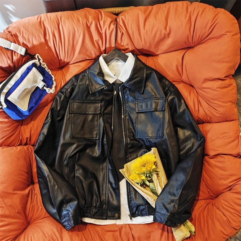 

Premium PU Leather Jacket for Men American Streetwear Short Tactical Hooded Coat Vintage Motorcycle Design with Earth Tone