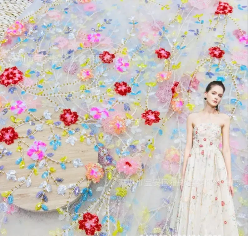 Colorful sequins beaded flower Embroidered Lace Fabric 3D Floral Tulle fabric For Wedding Gown, Bridal Dress, Party Dress 1 Yard