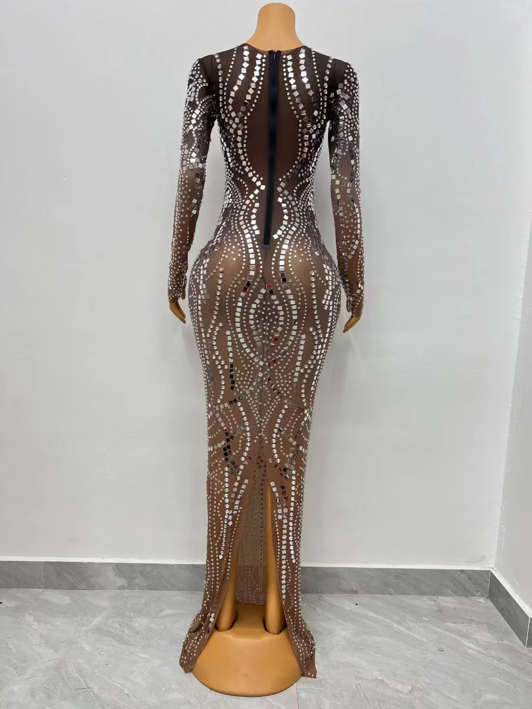 Personalizado malha laço pérola vestido, transparente, alta elástico, manga comprida, lantejoulas, sexy, apertado vestido de festa, desempenho de palco