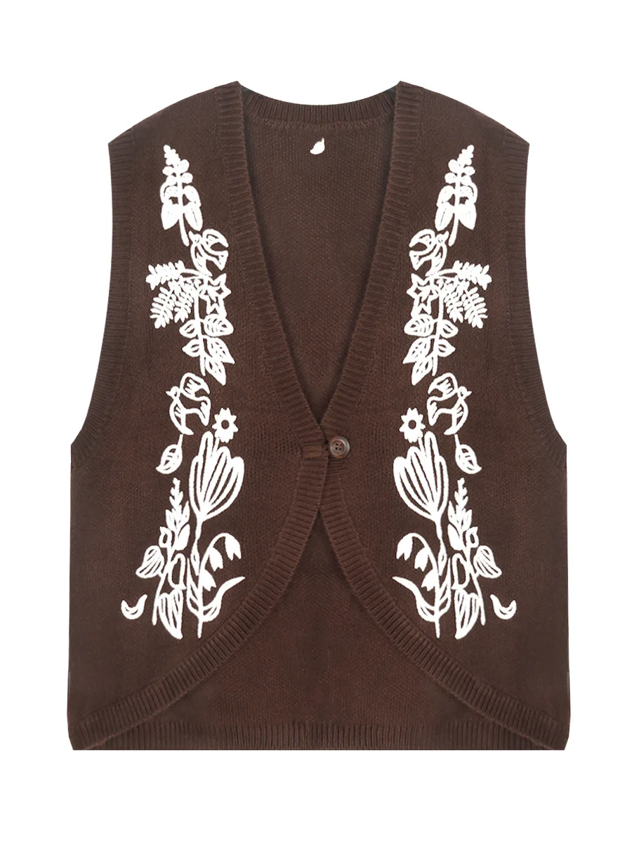 

Original Design Embroidered Sesame Pattern Knitted Vest Svel Vintage Sle Layering Outerwear Floral Pattern V-Ne