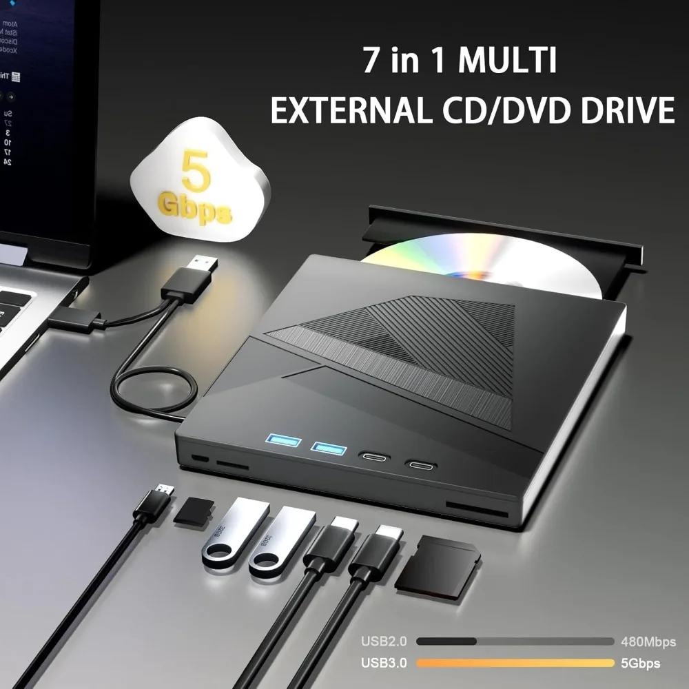 7-In-1 Multi-Function Device, With An External CD/DVD Drive, Equipped With 4 USB Interfaces And TF/SD Card Slots, Capable Of CD/