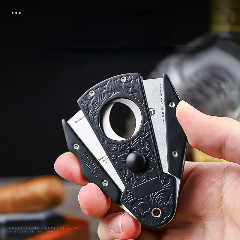 Cigar Scissors Black Pure Copper Stainless Steel Sharp Double-edged Cigar Cutter Knife Fan Form Portable Cigar Cutter