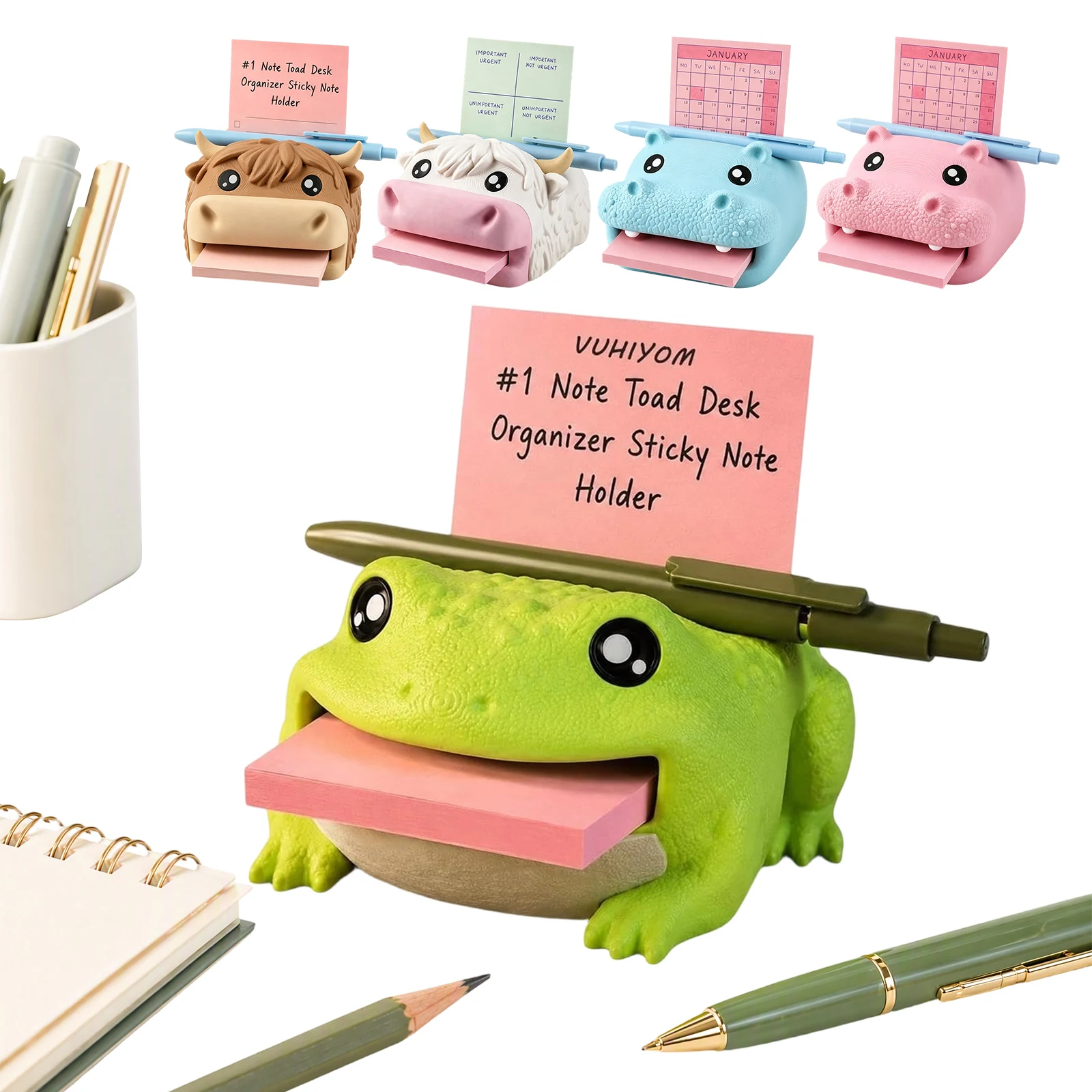 Cute Sticky Note Holder Animal Desk Organizer Frog Design 3x3 Notes Pen Holder Office