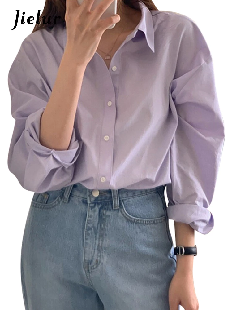 Jielur Spring New Purple Women Shirt Korean Style Solid Color Drop Sleeves Loose Chic Fashion Female Shirts Simple Casual Shirts