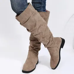 Vintage Suede Rider Boots Women 2024 New Chunky Heel Square Head High Boots Plus-size Pleated Pile Boots