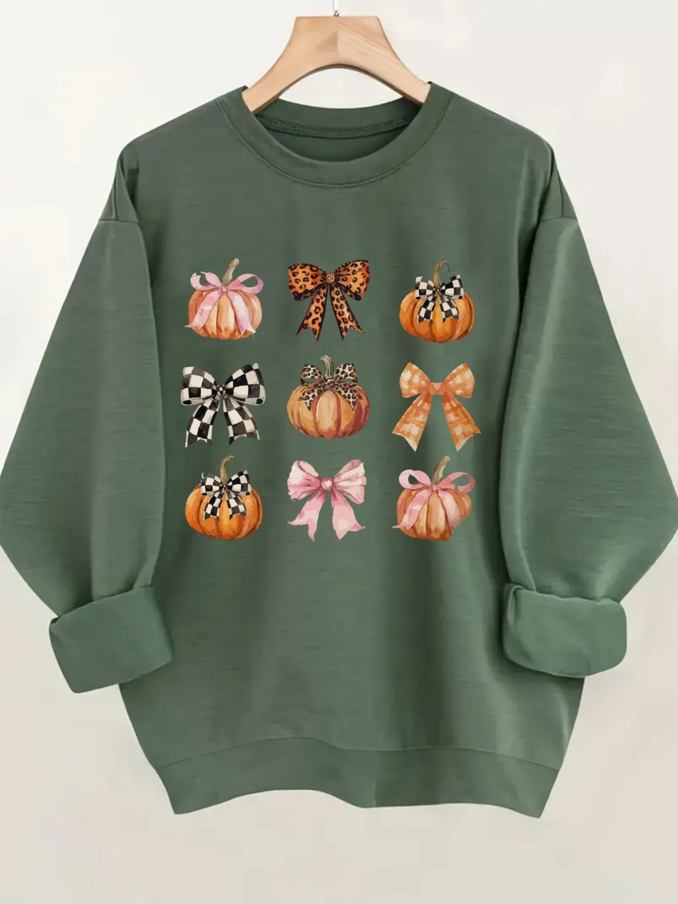 Women's Crewneck Pullover Sweatshirt Pumpkin Bow Print Design, Soft Casual Long Sleeve, Daily Casual Top Outfit, Winter Women's Clothing, Halloween Costume Outfit