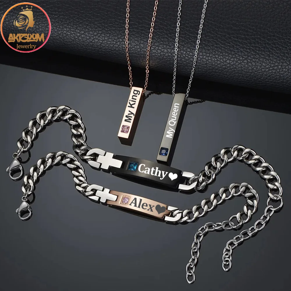 Akizoom Punk Engrave Name Couple Bracelets Necklace Cuban Chain Stainless Steel Custom Jewelry Set for Woman Man Birthday Gift