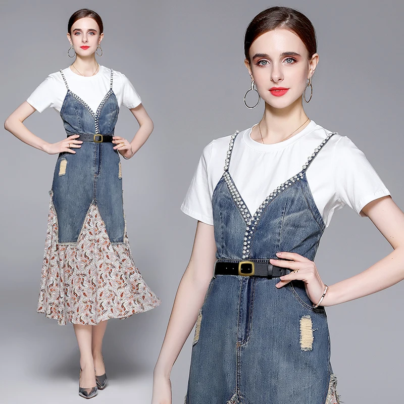 

2022 Summer High Street Fashion Pearls Midi Denim Dress Set Two Pieces Women Outfits Casual Short Sleeve White T Shirt Vestidos