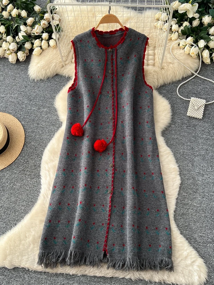

Korean Sle Sweet A-Line Knitted Dr Women's Loose Svel Vest Dr Midi Length Color Blo Polka Dot Outerwear