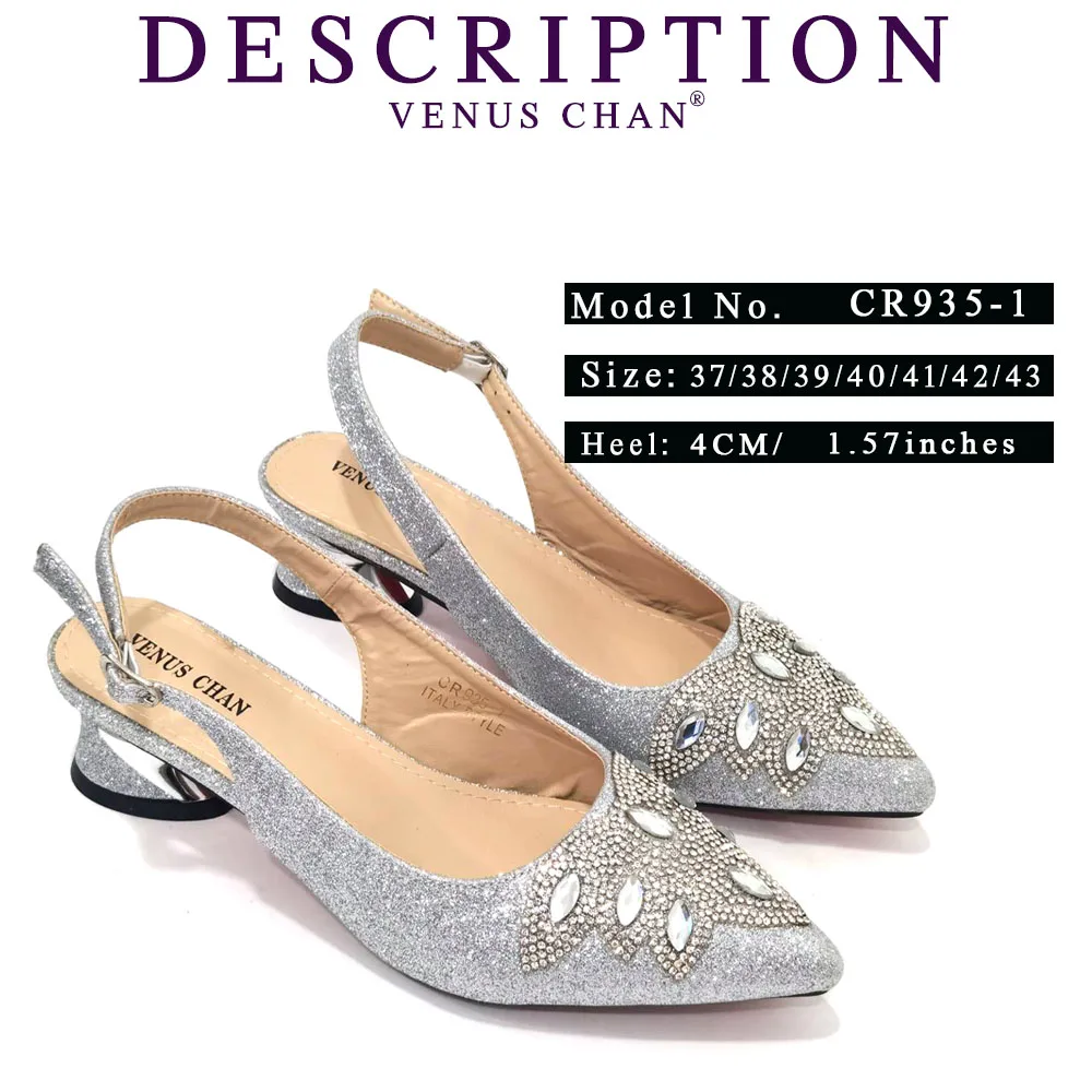 2023 Nigerian Women's Silver Mid Heels Frosted Crystal Shiny Rhinestone Party Italian Design Pointed Shoes And Bag Set