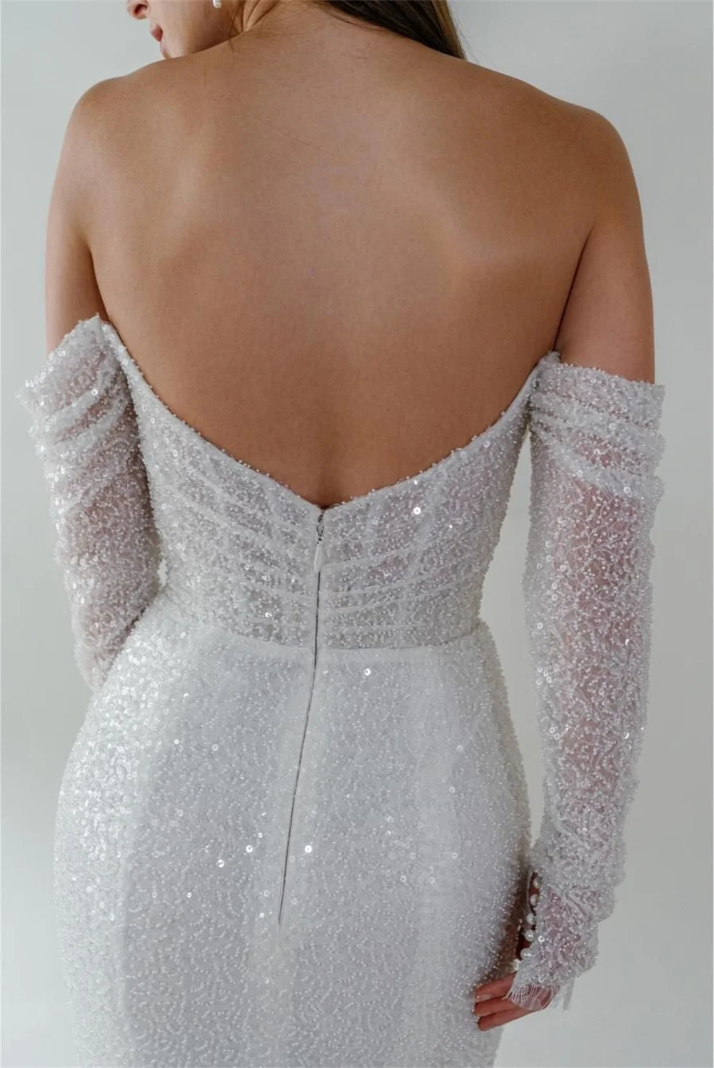 Tokyo – robe de mariée sirène blanche personnalisée, épaules dénudées, manches longues, dos nu, robe de mariée avec traîne Court, 2025