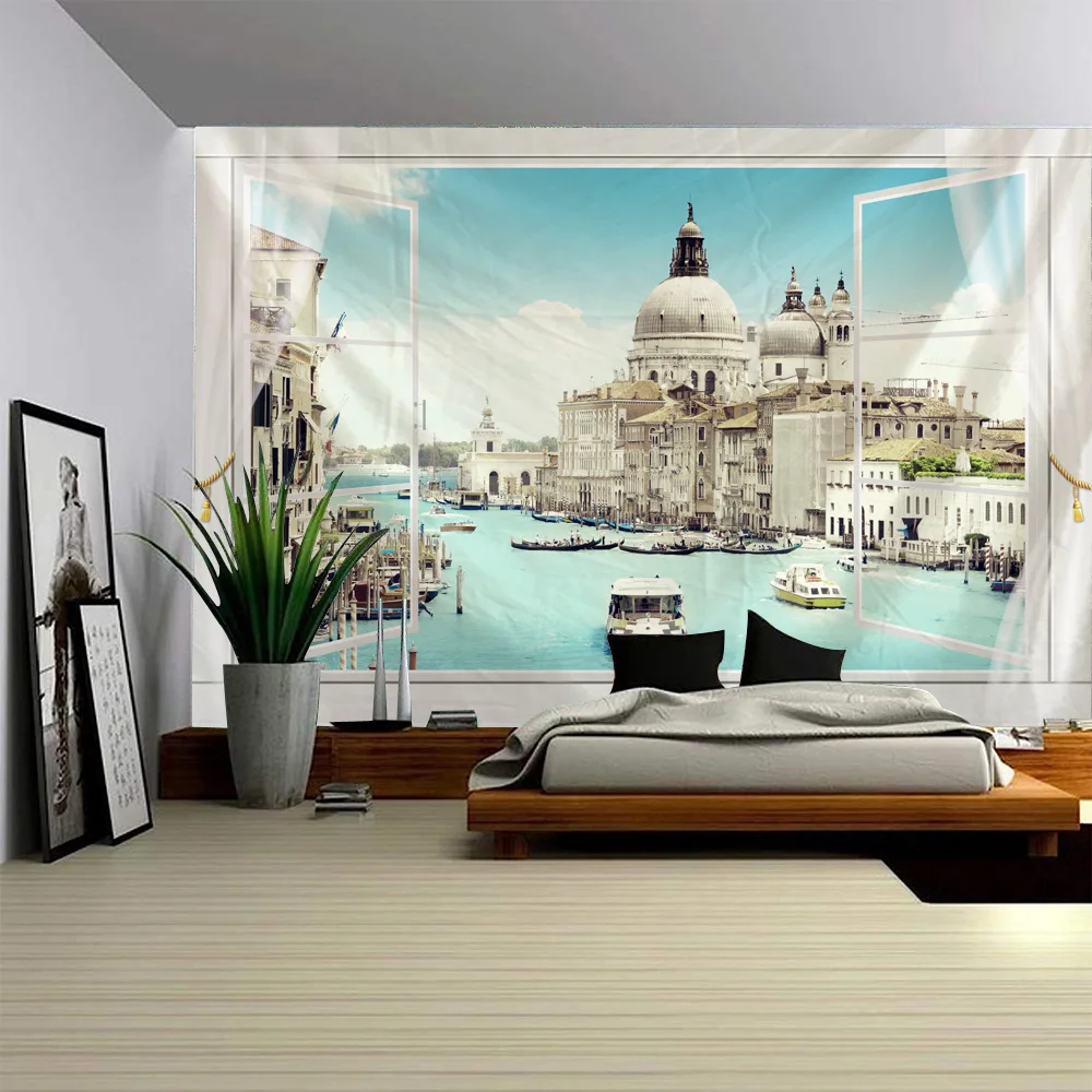 

Retro landscape oil painting tapestry Bohemian art wall hanging beach mat bed sheet aesthetic ocean window landscape decoration