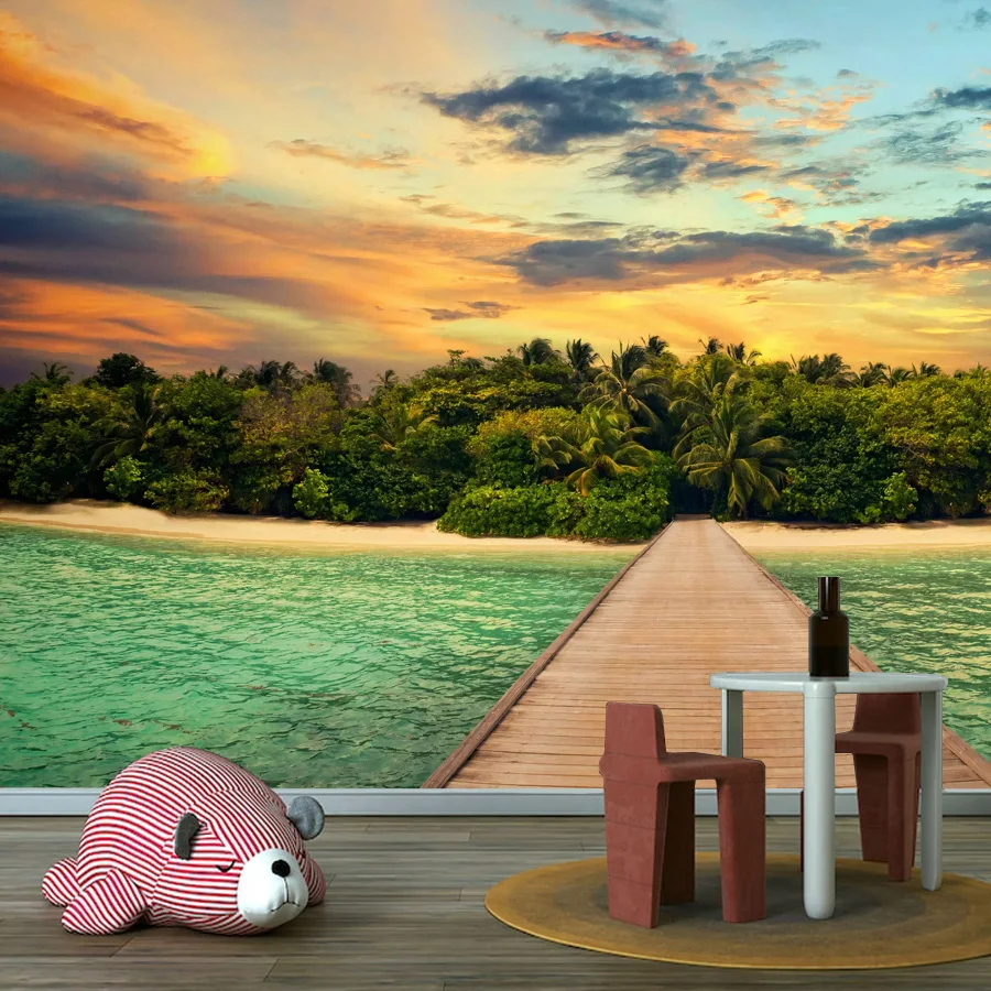 7+ Waterproof Nature Wooden pier on Beach Peel n Stick Wallpaper for Livfing Room Walls Home Decor Furniture Renovation TV Mural
