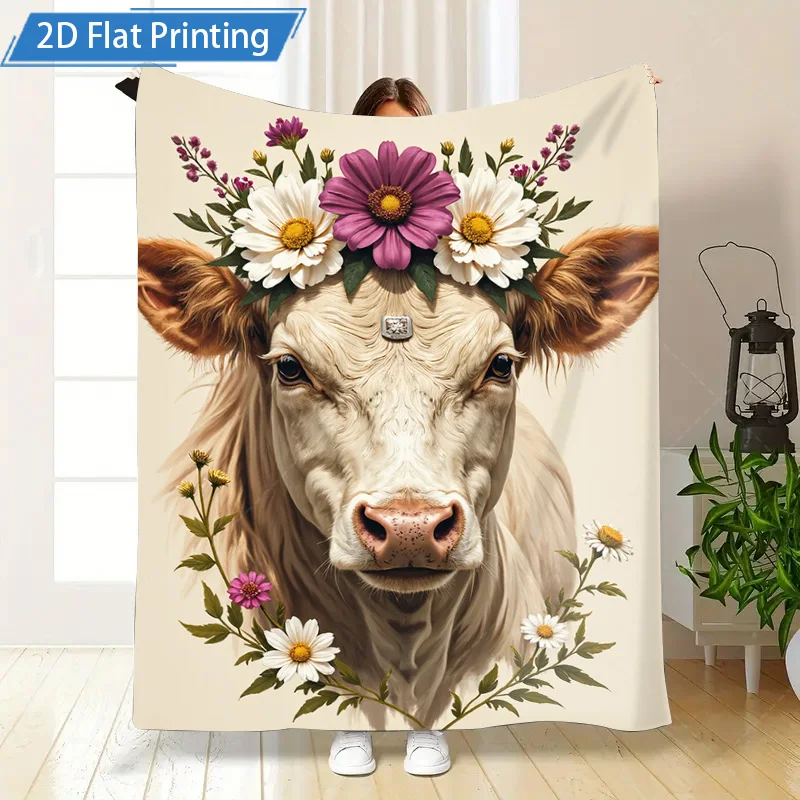 1pc cobertor de flanela floral com estampa de vaca – design plano 2D aconchegante para decoração de casa