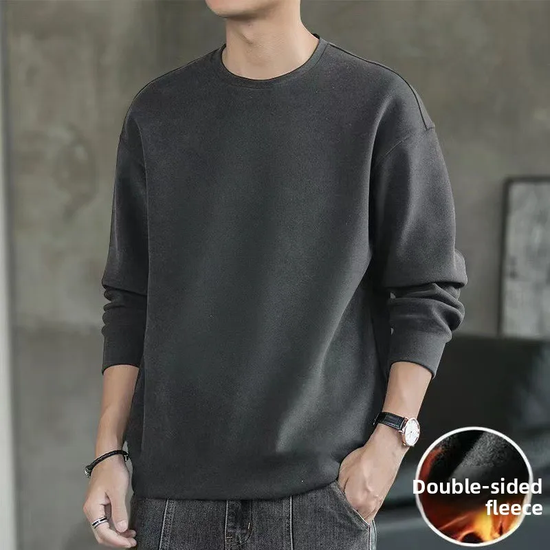 

Warm Inner Double-sided Fce Long Sve T-irt Men's Loose Fit round Ne Pullover Fce Lined Knitted Top for Autumn Wi...