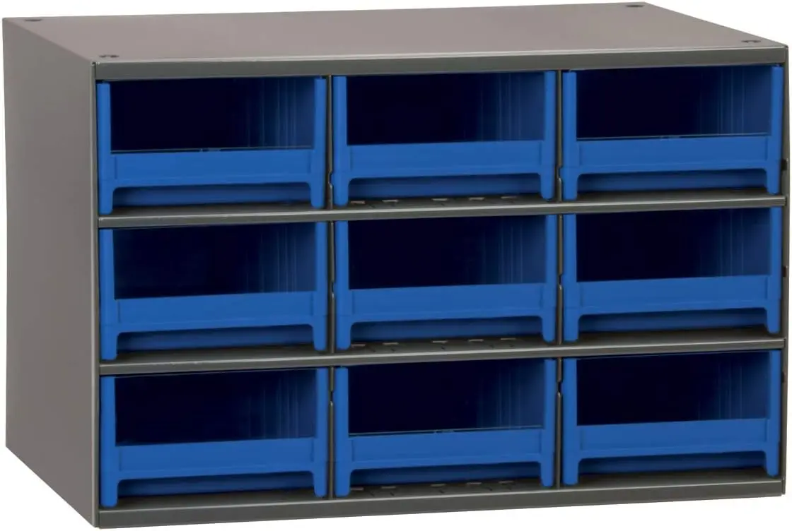 

Small Hardware, Nails, Screws, Bolts, Nuts, and More, 17-Inch W x 11-Inch D x 11-Inch H, 9-Drawer, Gray Cabinet, Blue Drawers