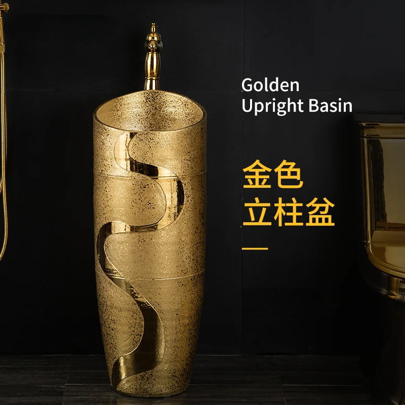 European Luxury Gold-Plated Pedestal Basin Small Apartment Pillar Washbasin Nightclub Club Golden One-Piece Ceramic Pedestal