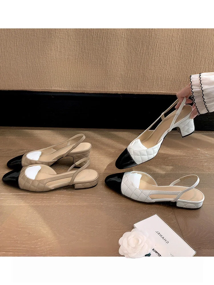 Fashionable Chunky Heel Sandals Women's Summer Workwear Color Block Slip-On Diamond Pattern Low Cut Professional High Heels