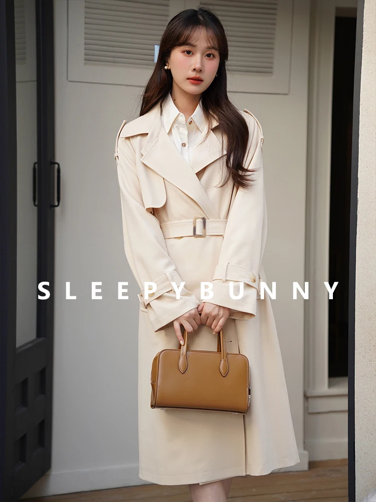 

French Style Double Breasted Trench Coat Women Slim Fit Mid-Length Belted Jacket Lapel Vintage Loose Outerwear Petite Spring Use