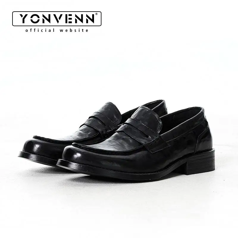 

New cowhide loafers with men's pleated design derby formal leather shoes black classic dress shoes