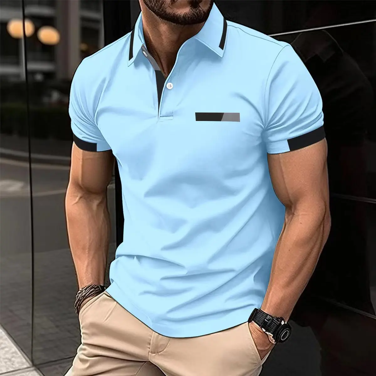 

Men's Casual POLO Shirt Chest False Pocket Lapel Button Business T-Shirt Top