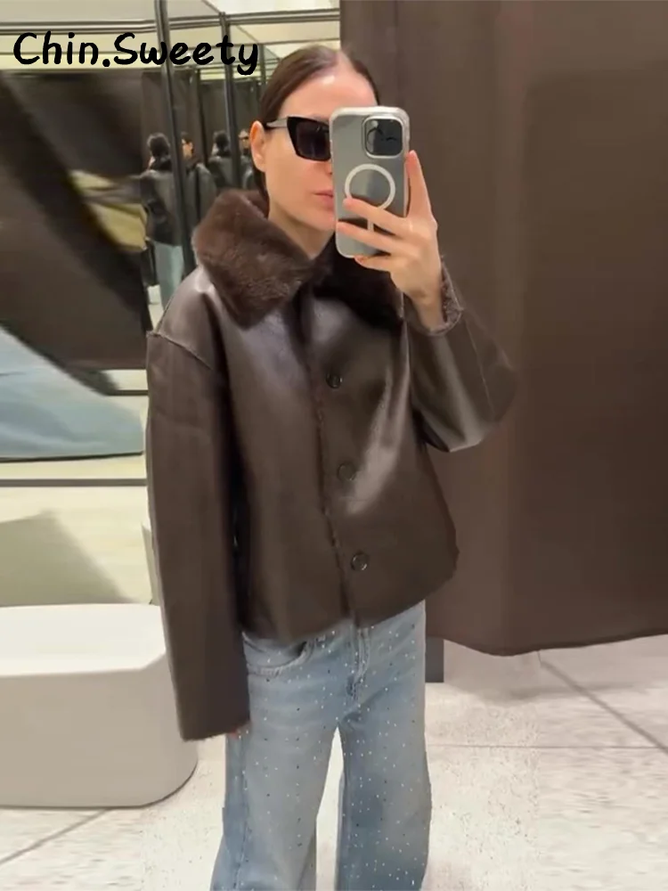 معاطف جلدية نسائية دافئة قابلة للعكس مع طية صدر السترة فضفاضة وأكمام طويلة وجيوب واحدة معطف لخريف وشتاء 2025 ملابس خارجية للسيدات #6