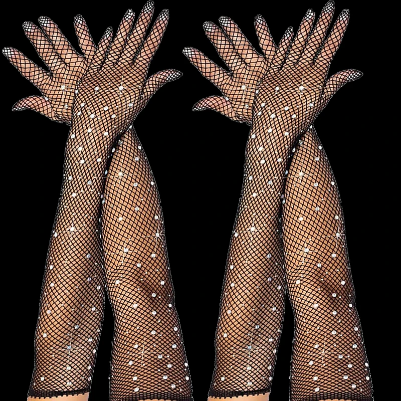 Stretch Rhinestones Long Gloves Women Sparkly Crystal Mesh Full Finger Gloves Dancer Singer Nightclub Stage Party Accessories