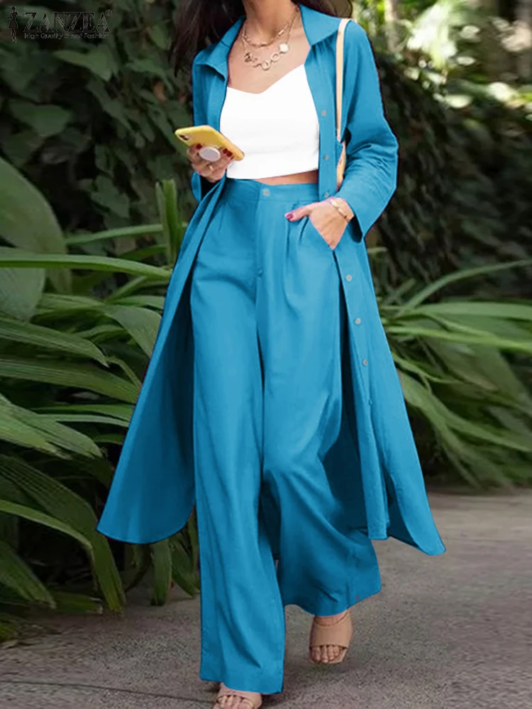 

ZANZEA Women Trendy Pant Sets Long Sleeve Long Shirts and Wide Leg Pants 2pcs Outfit 2025 Spring Streetwear Commute 2-Piece Sets