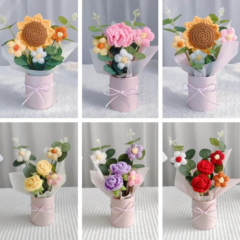20cm Finished Woven Crochet Rose Sunflowers Potted Bouquets Stuffed Plants Home Table Decor Mother Valentine Graduation Gifts